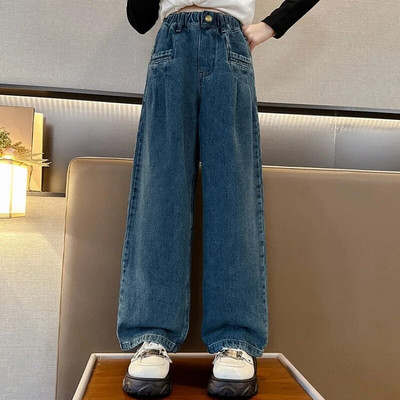 Blugi fete toamna 2023 largi școală adolescenți pantaloni drepti din denim pentru copii casual cu talie elastică pantaloni copii 12 13 14 ani