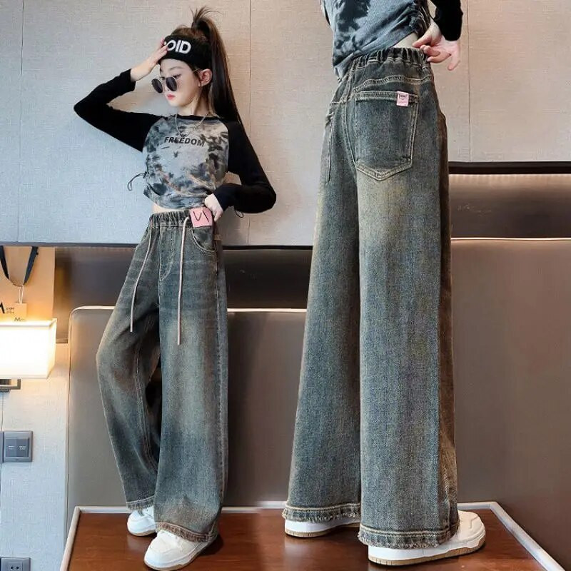 Blugi fete toamna 2023 largi școală adolescenți pantaloni drepti din denim pentru copii casual cu talie elastică pantaloni copii 12 13 14 ani