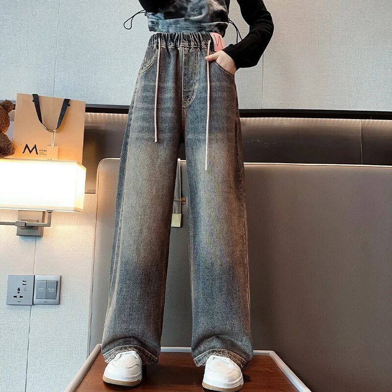 Blugi fete toamna 2023 largi școală adolescenți pantaloni drepti din denim pentru copii casual cu talie elastică pantaloni copii 12 13 14 ani
