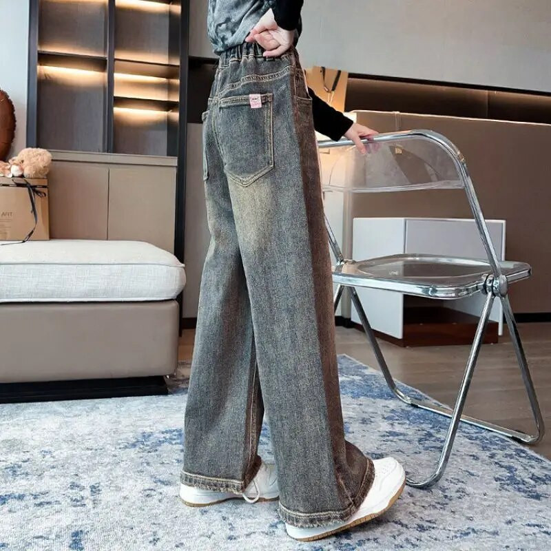 Blugi fete toamna 2023 largi școală adolescenți pantaloni drepti din denim pentru copii casual cu talie elastică pantaloni copii 12 13 14 ani