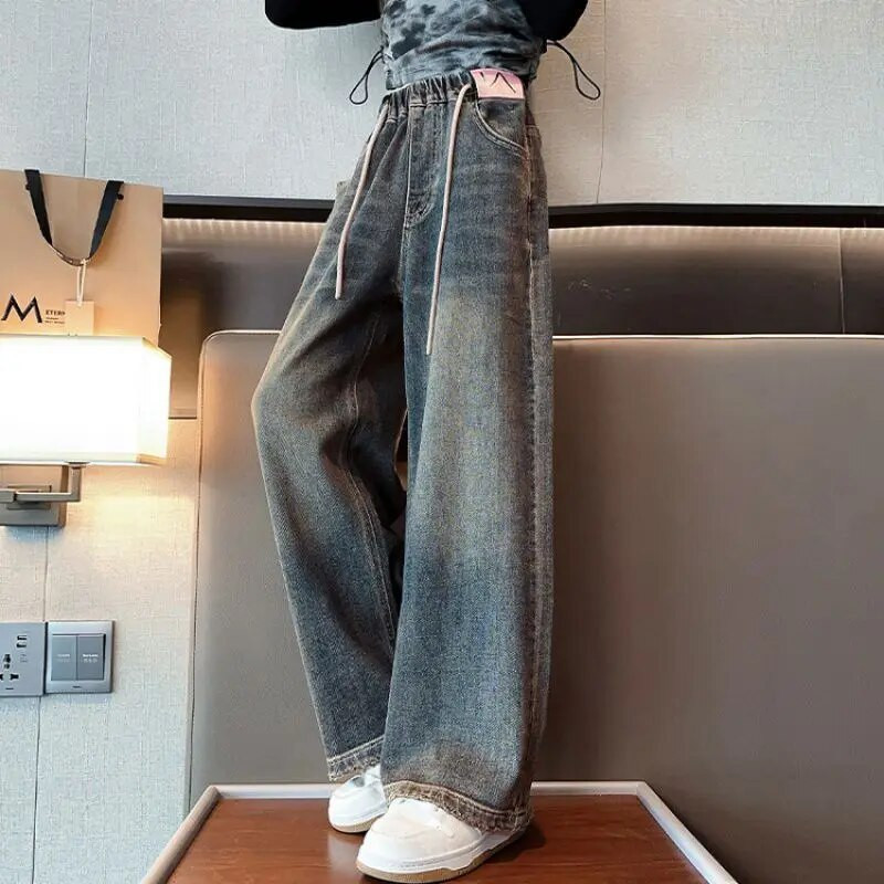 Blugi fete toamna 2023 largi școală adolescenți pantaloni drepti din denim pentru copii casual cu talie elastică pantaloni copii 12 13 14 ani