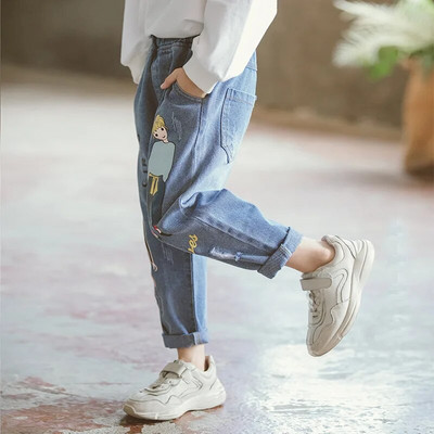 Dievčenské rifle pre módu, tínedžerské rifle s písmenovým vzorom, ležérny štýl, detské rifľové nohavice, jar, jeseň, detské oblečenie pre deti vo veku 4, 5, 7, 9, 11 a 13 rokov.