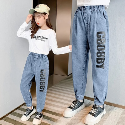 Dievčenské rifle pre módu, tínedžerské rifle s písmenovým vzorom, ležérny štýl, detské rifľové nohavice, jar, jeseň, detské oblečenie pre deti vo veku 4, 5, 7, 9, 11 a 13 rokov.