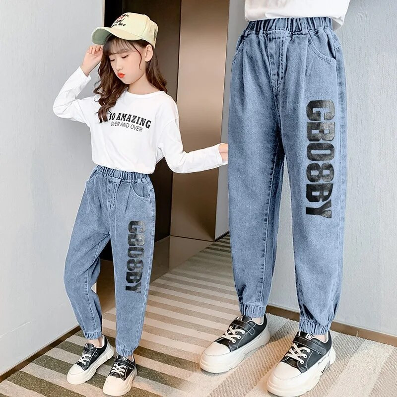 Dievčenské rifle pre módu, tínedžerské rifle s písmenovým vzorom, ležérny štýl, detské rifľové nohavice, jar, jeseň, detské oblečenie pre deti vo veku 4, 5, 7, 9, 11 a 13 rokov.