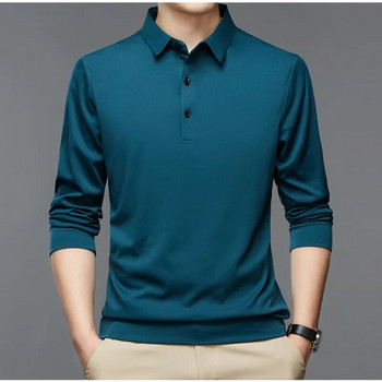 Пролетен и есенен мъжки пуловер Поло копче Едноцветна долна риза ПОЛО Тениска с дълъг ръкав Модни ежедневни официални топове
