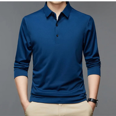 Pulover pentru bărbați, de primăvară și toamnă, cu buton de polo, de culoare uni, cămașă de jos, tricou cu mânecă lungă, ocazional, topuri formale