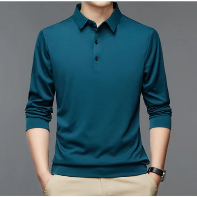 Pulover pentru bărbați, de primăvară și toamnă, cu buton de polo, de culoare uni, cămașă de jos, tricou cu mânecă lungă, ocazional, topuri formale