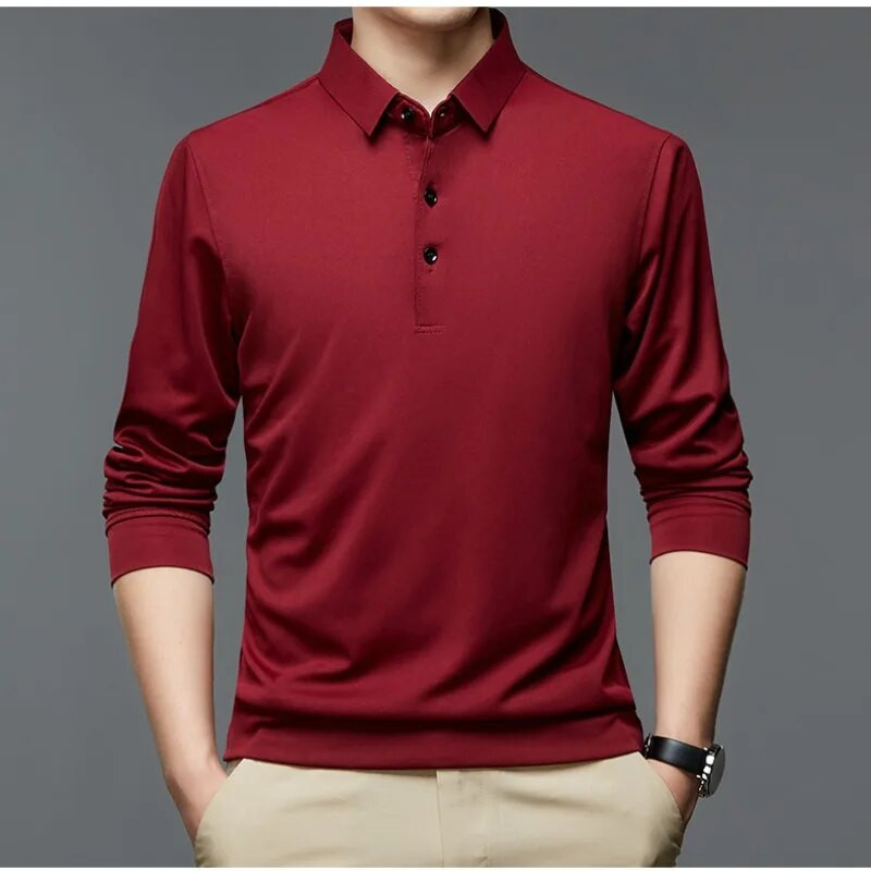 Tavaszi és őszi férfi pulóver pólógombos egyszínű póló alsó póló, hosszú ujjú póló Divat, alkalmi formális felsők