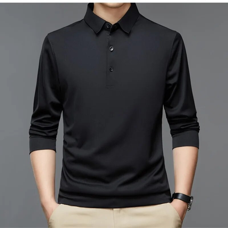 Tavaszi és őszi férfi pulóver pólógombos egyszínű póló alsó póló, hosszú ujjú póló Divat, alkalmi formális felsők