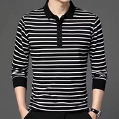 Tricou cu mânecă lungă pentru bărbați, de primăvară și toamnă, cu guler polo, cu dungi albe și negre, cămașă confortabilă pentru tineret casual