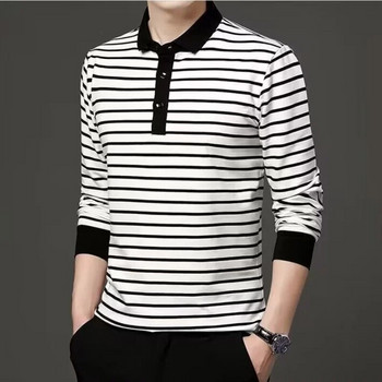 Ανοιξιάτικο και Φθινοπωρινό νέο ανδρικό μακρυμάνικο μπλουζάκι με κολάρο πόλο, μαύρες και άσπρες ρίγες Top νεανικό casual ανδρικό άνετο πουκάμισο