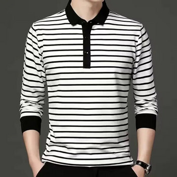 Пролет и есен Нова мъжка тениска с дълъг ръкав с поло яка Черни и бели ивици Топ младежка ежедневна мъжка удобна риза