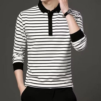 Пролет и есен Нова мъжка тениска с дълъг ръкав с поло яка Черни и бели ивици Топ младежка ежедневна мъжка удобна риза