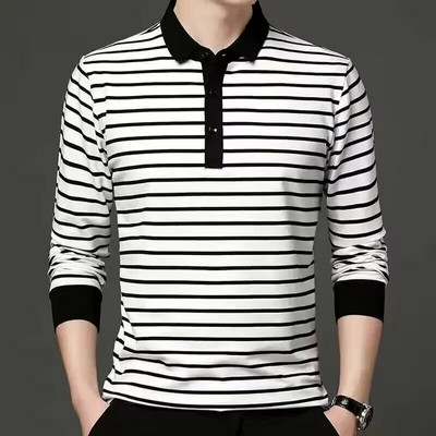 Tricou cu mânecă lungă pentru bărbați, de primăvară și toamnă, cu guler polo, cu dungi albe și negre, cămașă confortabilă pentru tineret casual