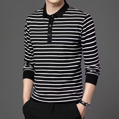Tricou cu mânecă lungă pentru bărbați, de primăvară și toamnă, cu guler polo, cu dungi albe și negre, cămașă confortabilă pentru tineret casual