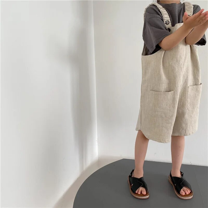 Uued suvised poisid, tüdrukud, lapsed, retrovärvi puuvillased linased kombinesoonid, taskud, vabad, soliidsed püksid, püksid, lihtsad, sobivad püksid