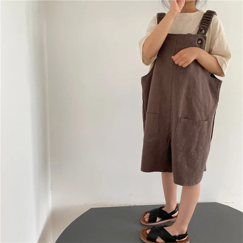 Uued suvised poisid, tüdrukud, lapsed, retrovärvi puuvillased linased kombinesoonid, taskud, vabad, soliidsed püksid, püksid, lihtsad, sobivad püksid