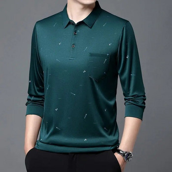 Тениска с дълъг ръкав Пролет Есен Мъжка отложна яка Поло Свободно джобно пуловер с печат на букви Дрехи Модни горнища
