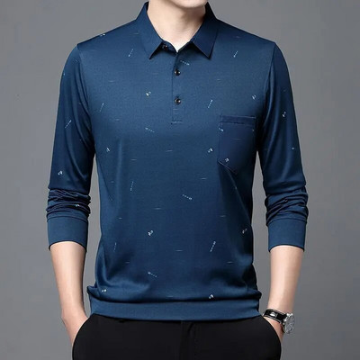 Tricou cu mânecă lungă, primăvară, toamnă, pentru bărbați, cu guler răsturnat, cu imprimare cu litere, cu buzunar, pulover, haine, topuri la modă