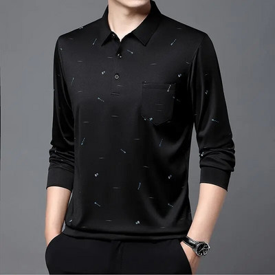 Tricou cu mânecă lungă, primăvară, toamnă, pentru bărbați, cu guler răsturnat, cu imprimare cu litere, cu buzunar, pulover, haine, topuri la modă