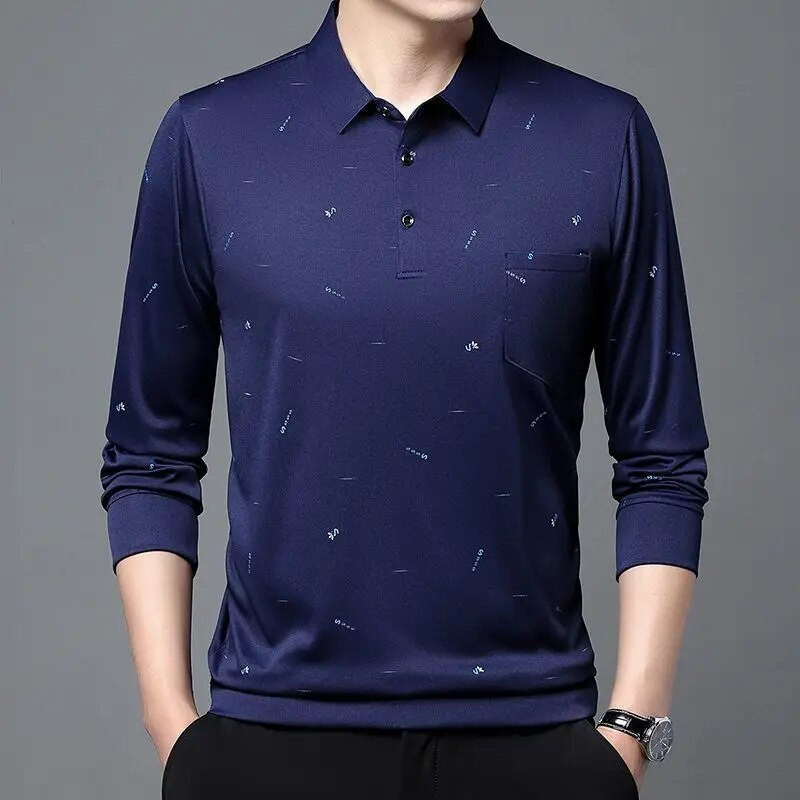 Pánske tričko s dlhým rukávom, jarné a jesenné, s golierom a voľným pulóverom s potlačou písmen, vreckom a topmi