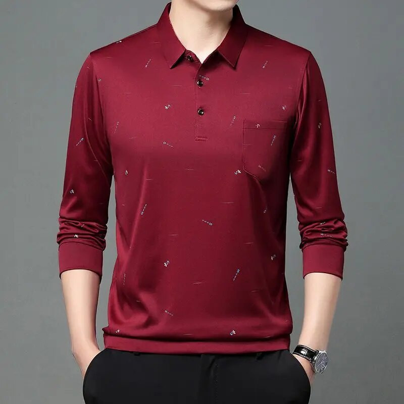 Pánske tričko s dlhým rukávom, jarné a jesenné, s golierom a voľným pulóverom s potlačou písmen, vreckom a topmi