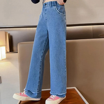 Új érkezés tinédzser lányok farmer tavaszi ősz alkalmi divat gyerekek széles szárú szigetelt farmernadrágok iskolai gyerekek farmer nadrágok