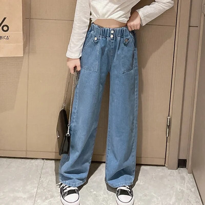 Új érkezés tinédzser lányok farmer tavaszi ősz alkalmi divat gyerekek széles szárú szigetelt farmernadrágok iskolai gyerekek farmer nadrágok