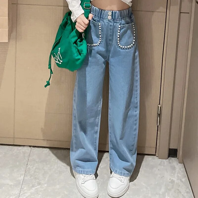 Új érkezés tinédzser lányok farmer tavaszi ősz alkalmi divat gyerekek széles szárú szigetelt farmernadrágok iskolai gyerekek farmer nadrágok