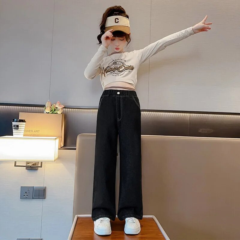 Új érkezés tinédzser lányok farmer tavaszi ősz alkalmi divat gyerekek széles szárú szigetelt farmernadrágok iskolai gyerekek farmer nadrágok