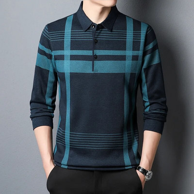 Cămașă polo marca BROWON pentru bărbați, imprimeu la modă, primăvară și toamnă, cu mânecă lungă, polo pentru afaceri, casual, cu guler răsturnat, în carouri.