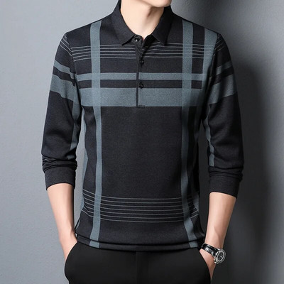 Cămașă polo marca BROWON pentru bărbați, imprimeu la modă, primăvară și toamnă, cu mânecă lungă, polo pentru afaceri, casual, cu guler răsturnat, în carouri.
