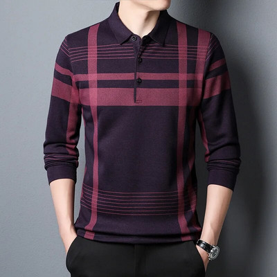 Cămașă polo marca BROWON pentru bărbați, imprimeu la modă, primăvară și toamnă, cu mânecă lungă, polo pentru afaceri, casual, cu guler răsturnat, în carouri.