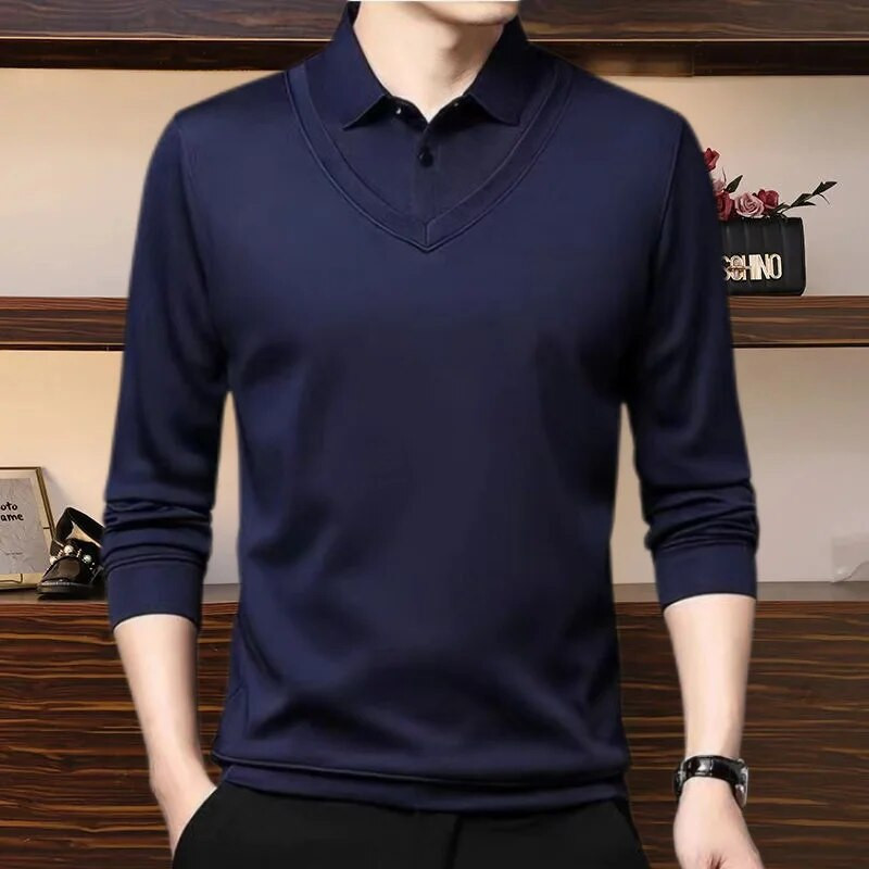 Pánske tričko s dlhým rukávom, jarná a jesenná móda, ležérne, falošné, dvojdielne, pulóver, voľné, pevné, s klopou na gombíky