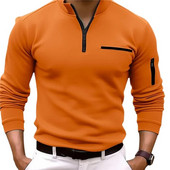 Cămașă polo sport cu mânecă lungă cu buzunare laterale pentru bărbați, primăvară, toamnă, îngroșată, de culoare uni, topuri casual pentru bărbați, cu fermoar cu rever, bluză cu îmbinare