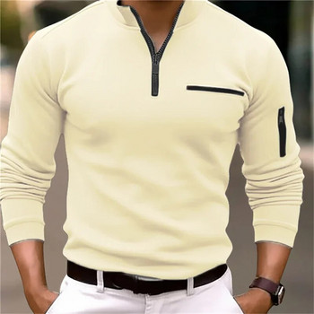 Спортна поло тениска с дълъг ръкав и страничен джоб Мъжка пролетна есенна удебелена едноцветна ежедневна блуза Мъжка блуза с ревер и цип