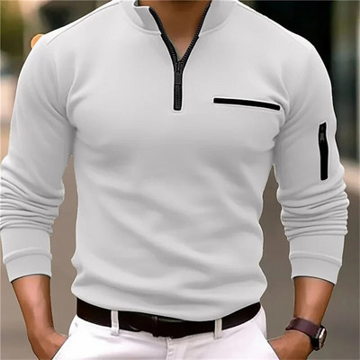 Cămașă polo sport cu mânecă lungă cu buzunare laterale pentru bărbați, primăvară, toamnă, îngroșată, de culoare uni, topuri casual pentru bărbați, cu fermoar cu rever, bluză cu îmbinare