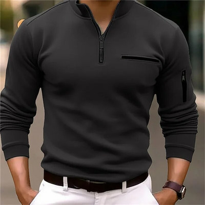 Cămașă polo sport cu mânecă lungă cu buzunare laterale pentru bărbați, primăvară, toamnă, îngroșată, de culoare uni, topuri casual pentru bărbați, cu fermoar cu rever, bluză cu îmbinare