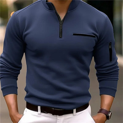 Cămașă polo sport cu mânecă lungă cu buzunare laterale pentru bărbați, primăvară, toamnă, îngroșată, de culoare uni, topuri casual pentru bărbați, cu fermoar cu rever, bluză cu îmbinare