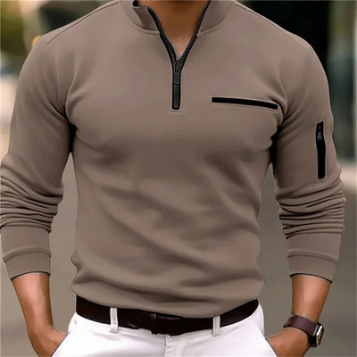 Cămașă polo sport cu mânecă lungă cu buzunare laterale pentru bărbați, primăvară, toamnă, îngroșată, de culoare uni, topuri casual pentru bărbați, cu fermoar cu rever, bluză cu îmbinare