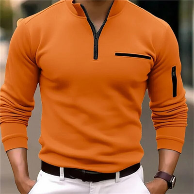 Cămașă polo sport cu mânecă lungă cu buzunare laterale pentru bărbați, primăvară, toamnă, îngroșată, de culoare uni, topuri casual pentru bărbați, cu fermoar cu rever, bluză cu îmbinare