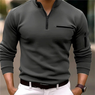 Cămașă polo sport cu mânecă lungă cu buzunare laterale pentru bărbați, primăvară, toamnă, îngroșată, de culoare uni, topuri casual pentru bărbați, cu fermoar cu rever, bluză cu îmbinare