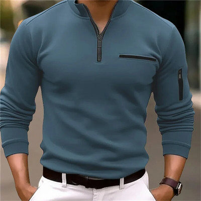 Cămașă polo sport cu mânecă lungă cu buzunare laterale pentru bărbați, primăvară, toamnă, îngroșată, de culoare uni, topuri casual pentru bărbați, cu fermoar cu rever, bluză cu îmbinare