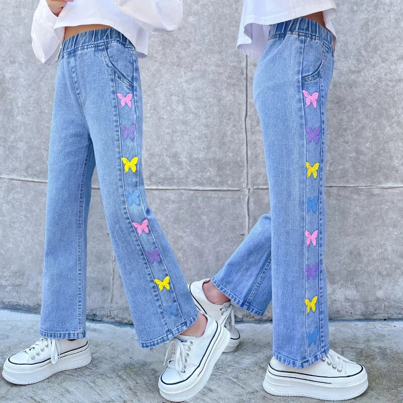 Dievčenské rifle s farebnými motýľmi, dievčenské rifle, jar, jeseň, detské rifle, ležérny štýl, detské oblečenie, 6, 8, 10, 12, 14 rokov