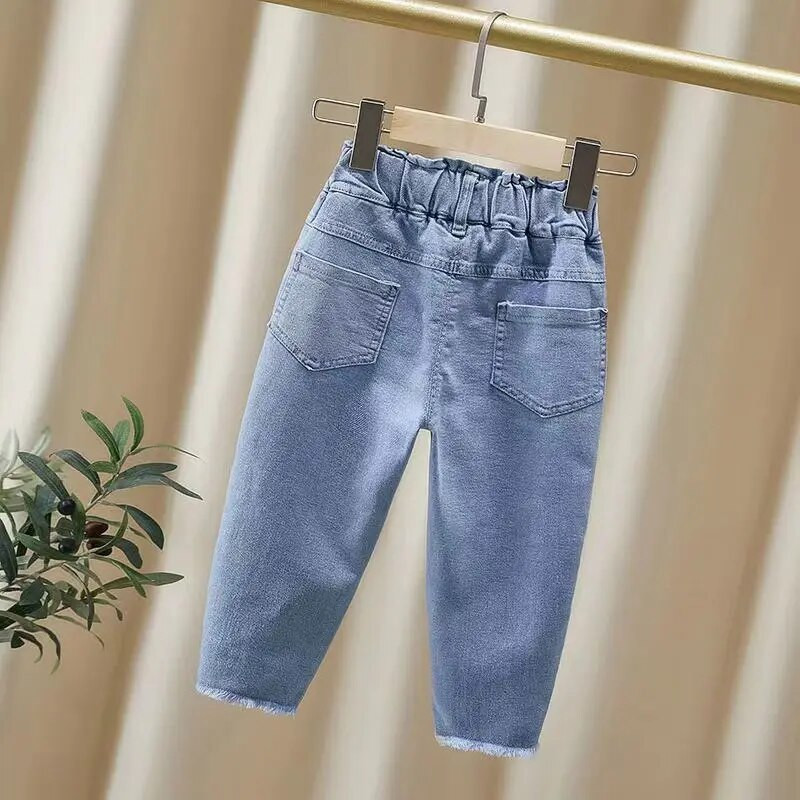 Blugi pentru fete de primăvară și toamnă Noua coreeană la modă Pantaloni casual elastici pentru fete Blugi cu fundă pentru copii Pantaloni pentru copii 2 3 4 5 6 Y