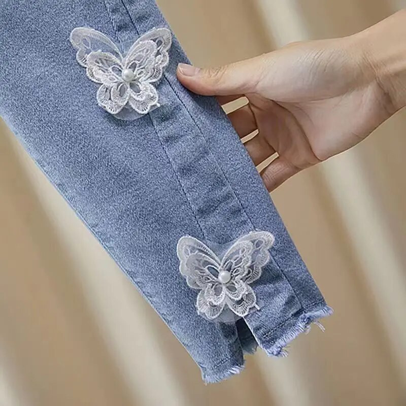 Blugi pentru fete de primăvară și toamnă Noua coreeană la modă Pantaloni casual elastici pentru fete Blugi cu fundă pentru copii Pantaloni pentru copii 2 3 4 5 6 Y