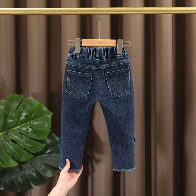 Blugi pentru fete de primăvară și toamnă Noua coreeană la modă Pantaloni casual elastici pentru fete Blugi cu fundă pentru copii Pantaloni pentru copii 2 3 4 5 6 Y