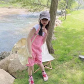 Dievčenské ružové overaly, šortky, letné ležérne overaly, bavlnené látkové šortky so suspenderom, mäkké detské nohavice absorbujúce pot.