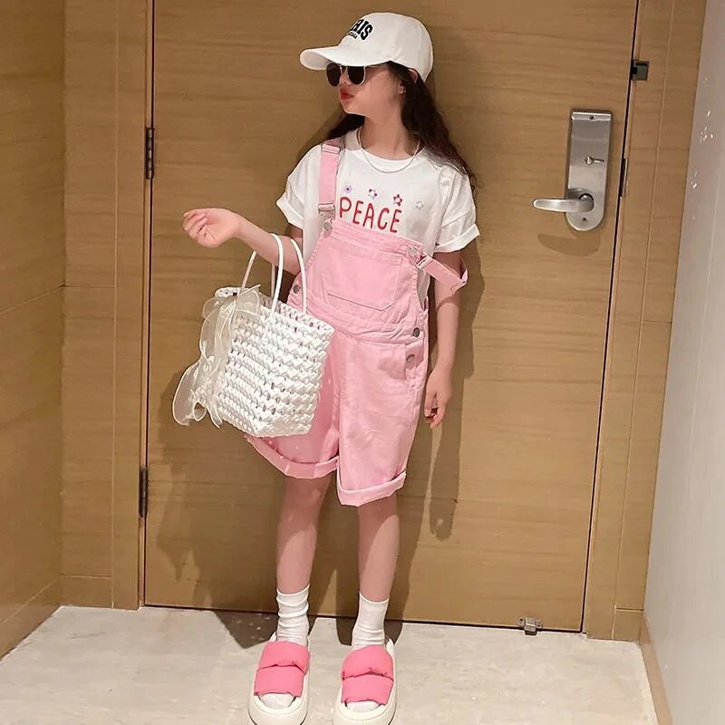 Dievčenské ružové overaly, šortky, letné ležérne overaly, bavlnené látkové šortky so suspenderom, mäkké detské nohavice absorbujúce pot.