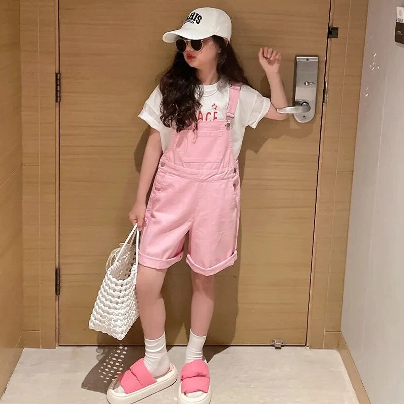 Dievčenské ružové overaly, šortky, letné ležérne overaly, bavlnené látkové šortky so suspenderom, mäkké detské nohavice absorbujúce pot.